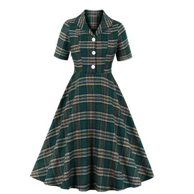 China European and American retro plaid thin-fitting large lapel Hepburn anti-static dress new style. for sale