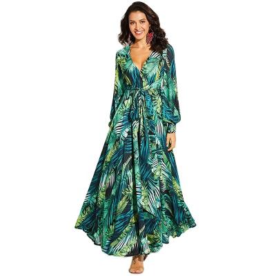 China Custom 2021 Lantern Sleeves Green Leaf Print Big Swing Banquet Dress Anti-Static Maxi Dress Skirt V-neck Lantern Style. for sale