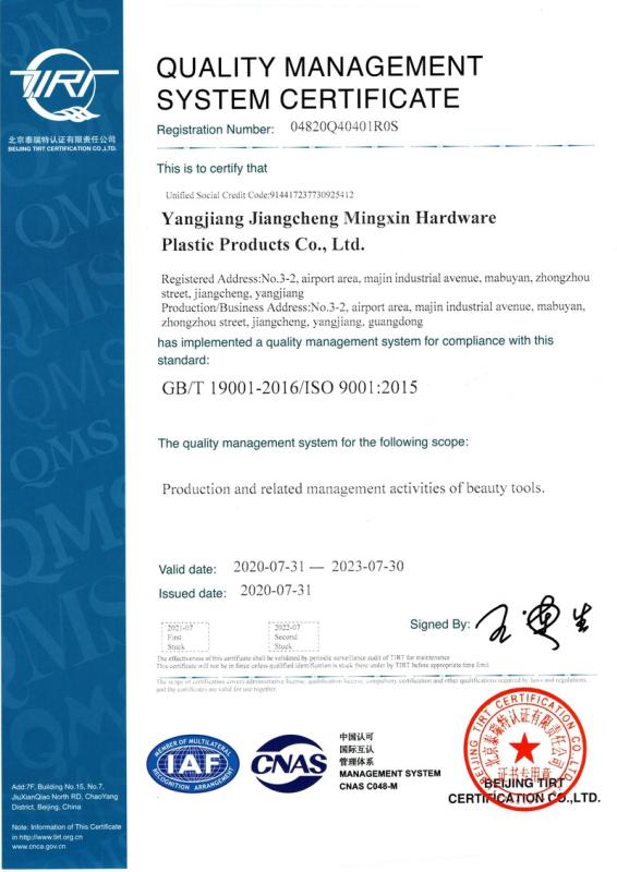 ISO9001 - Yangjiang Jiangcheng Mingxin Hardware Plastic Products Co., Ltd.