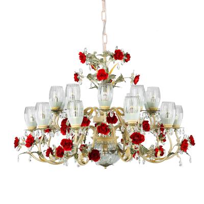 China Mid Century Romantic Countryside Rose Flower Pendant Lamp Glass Shade Light Banquet Hall Wedding Chandelier Restaurant Hotel Decoration 20 for sale