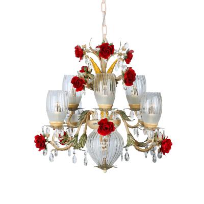 China Hotel Height Lamp Flower Glass Shade Iron Adjustable Chain 8 Arm Light Chandelier For Living Room for sale