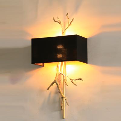 China Contemporary Style Retro Gold Branch Black Fabric Shade Luxury Wall Sconce Bedside Wall Sconce Bedside Wall Lamp Copper Brass Decoration For Interior Design for sale