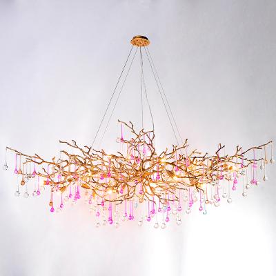 China Vintage Post-modern Crystal Waterdrop Copper Luxury Colorful Chandelier Lighting Large Long Pendant Lamp Restaurant Lobby Light for sale