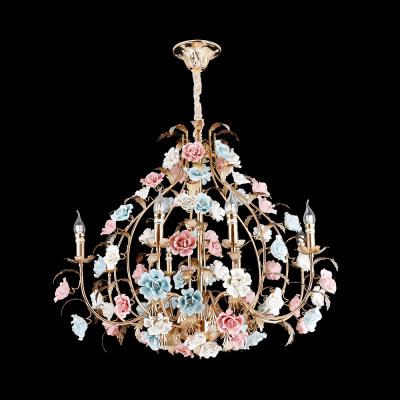 China Traditional French Style Art Design Top Gold Colorful Rose Flower Wedding Chandelier Porcelain Ceramic flowers pendant lamp girl room for sale