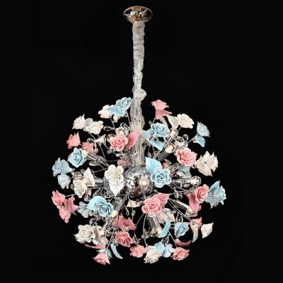 China Traditional French Style Art Design Top Brass Colorful Rose Flower Wedding Lighting Ceramic Porcelain flowers pendant lamp girl room for sale