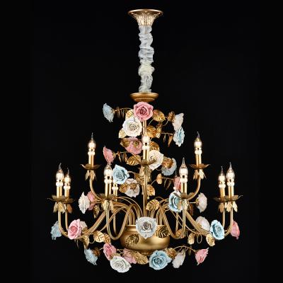 China Beautiful Traditional Fancy Modern Iron Flower Chandelier Pendant Lamp High Quality Hanging Ceramic Decoration for Villa Girl's Room for sale