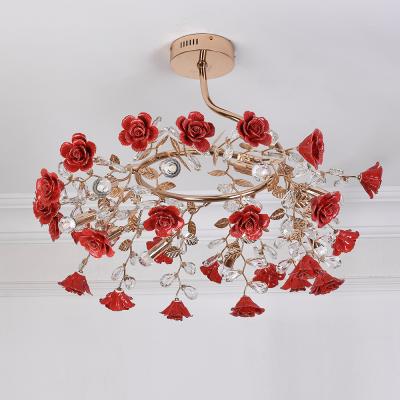 China Traditional Colorful Flower Chandelier Ceramic Crystal Hanging Iron Pendant Light Chandelier Pendant Lighting for Hotel Cafe Restaurant for sale