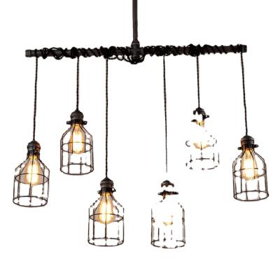 China Bright Rustic American Style 6-Light Black Metal Wire Cage Pendant Lamp Open Frame Ceiling Lighting Chandelier For Kitchen Island Bar for sale