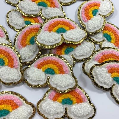 China Pasteable Glitter Gold Rim Chenille Colored Iron On Patches Embroidered Patch Rainbow Bowknot Heart Sticker For Cosmetic Bags Applique for sale