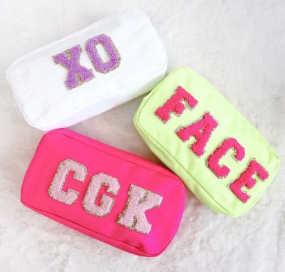 China Fashion Multiple Size Customized With Chenille Patches Customized Lady Nylon Patches Cosmetic Bag Women Pouch Nylon Makeup Bag for sale