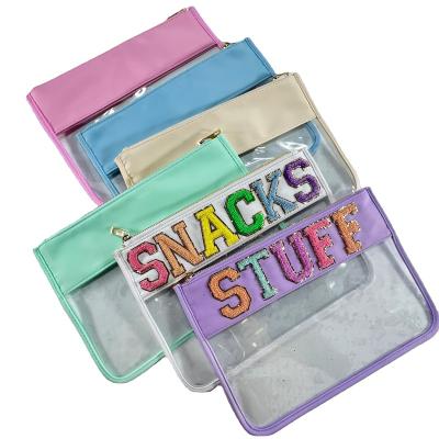 China Customizable Transparent Cosmetic Storage Bag Travel Patch Fashion Stock 11 Colors Letter PVC Cosmetic Bag for sale