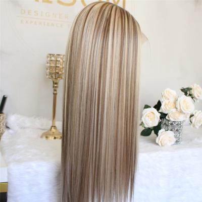 China Strengthen Highlight Blonde Middle Part Wig Long Straight Lace Front Wig Ombre Synthetic Hair Wig 22 Inches for sale