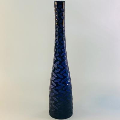 China New Item Flower Texture Traditional Creative Blue Color Bottle Glass Vase For Home Decoration for sale