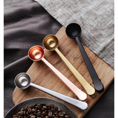 China Viable Drop Shipping Stainless Steel Teaspoon Gold Tea Coffee Beans Powder Rose Gold Weight Measuring Spoon With Clip for sale