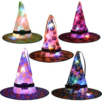 China Business Gifts Holiday Halloween Pumpkin Hat Pumpkin Pattern 5 Color Bright Witch Hat Decorations for sale