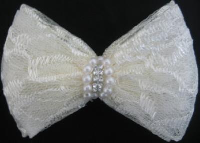 China Lace fabric artificial flower corsage with pin , bow pattern with pearl and stone for sale