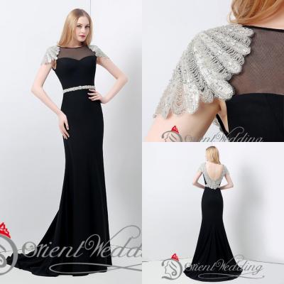 China Sexy Hollow Cap Sleeve Womens Long Black Evening Dresses for sale