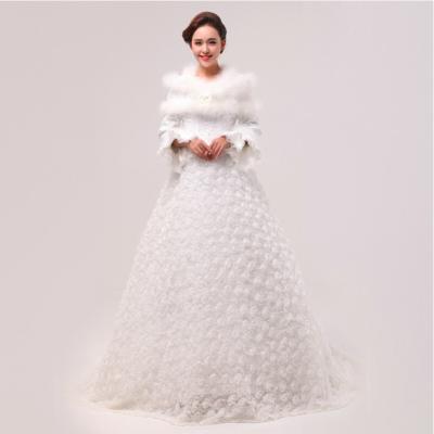 China Chapel Train Lace Embroidered White Cotton Wedding Dresses with handmade rose for sale