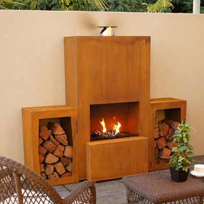 China Stocked Corten Steel Standing Outdoor Fireplace With Wood Storage for sale