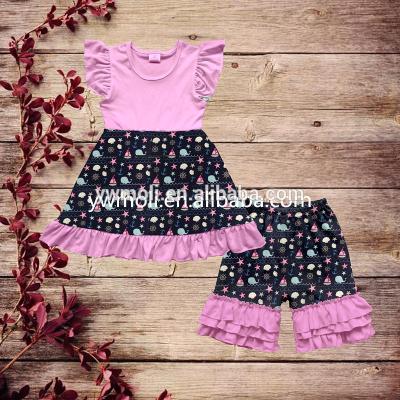 China Kids Clothes Baseball Pattern Flutter Sleeve Dress Match 100% Cotton Shorts Toddler Little Girl Casual Clothing for sale