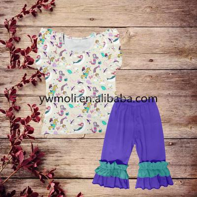 China 2018 cotton moli kids boutique clothing sets double flutter sleeve ruffle tops and stripes pants sets kids clothes wholesale for sale