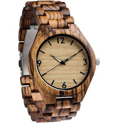 China Automatic Date Zebra Wood Wooden Watch With Stainless Steel Clasp Triple Push Buttons for sale