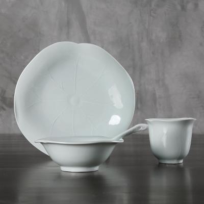 China Restaurant direct wholesale ceramic viable and high quality lotus leaf dinnerware set dishes,ceramic rice bowl and tea cup for sale