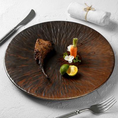 China Viable Factory Direct Wholesale Restaurant Porcelain Brown Dining Tableware Dinner Steak Ceramic Dish for sale