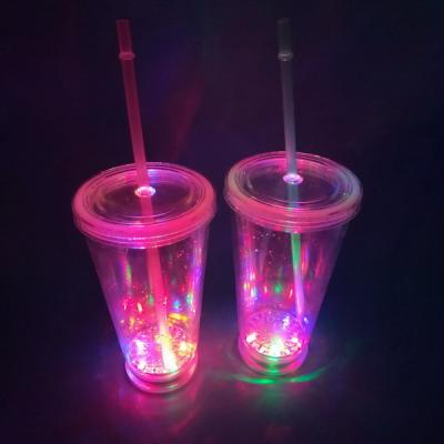 China PS New Arrival 16oz Plastic Flashing Led Double Wall Tumbler With Arc Shaped Lid With Straw And Lid for sale