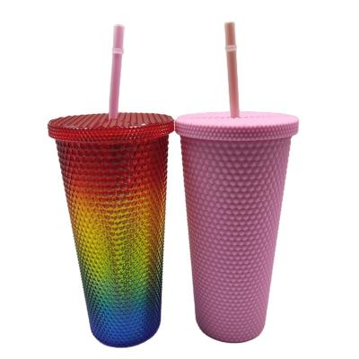 China 24oz Plastic Acrylic Tumbler Cups Double Wall Diamond Studded Matte Mugs with Straw and Lid Food Grade for sale