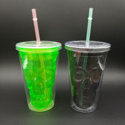 China Halloween LED Double Wall Viable Plastic Flashing Plastic Cup With Straw And Lid for sale