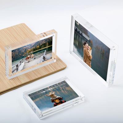 China Decoration acrylic frameless magnet decoration photo picture frame double sided clear magnetic table acrylic block photo frame for sale