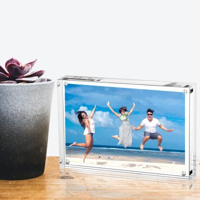 China Decoration cheap luxury frameless reasonable price metal stud clear custom square stand photo frame shelf for photos 9.2*13.2*2 frame for sale