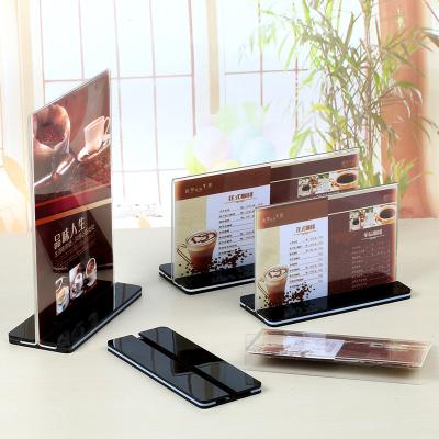 China Durable Eco-friendly Clear Acrylic Paper Sign Display Stand Sign Holder Plastic Menu Standing With Black Base for sale