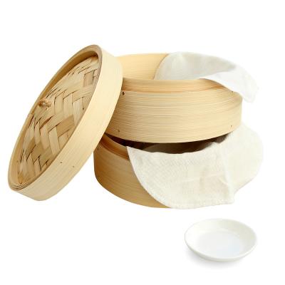 China BAMBOO Steamer Set Basket 8inch Dim Sum Bamboo Dumpling With Bamboo Fiber Steaming Cloth 2PCS And Pocelain Sause Steaming Dish 1PC for sale