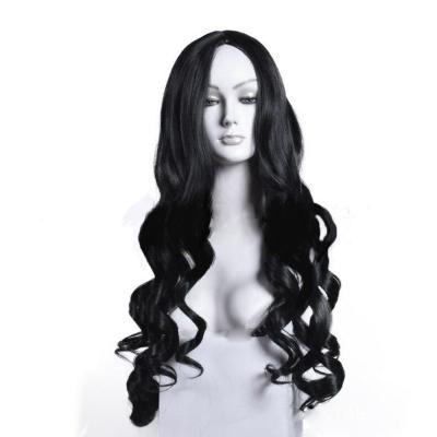 China Regular wave women's fashion wigs are split high temperature silk waves black long curly hair wigs for sale