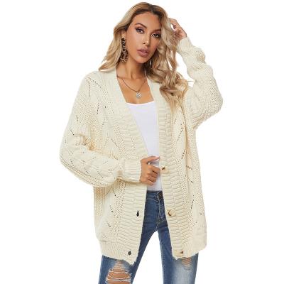 China Anti-wrinkle high quality Korean women's plain V-neckline solid color white long sleeve crochet knit sweater cardigan for sale