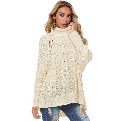 China Anti-wrinkle Autumn Winter Women Ladies Lantern Sleeve Beige Solid Color Knit Casual Pullneck Turtleneck Sweater Cable Sweater Tops for sale