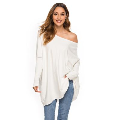 China Europe Style Anti-wrinkle Off Shoulder Round Neck Wing Batwing Sleeve Solid Color Pullover White Knit Sweater for sale