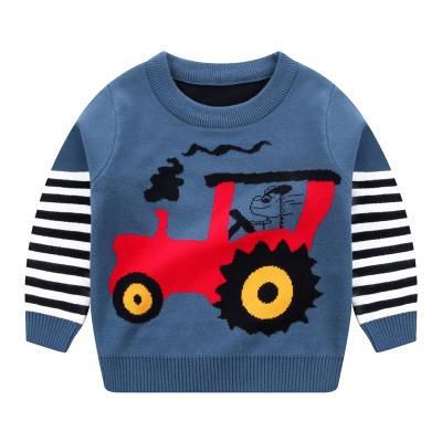 China Anti-wrinkle customization spring around the neck long sleeve cotton tractor pattern striped sleeve boy sweater for sale