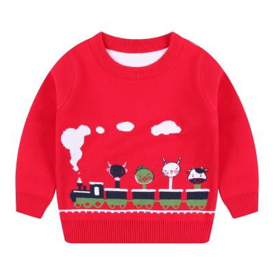 China Hot Selling Christmas Red Long Sleeve Crewneck Anti-wrinkle Cotton Train Pattern Sweater For Kid for sale