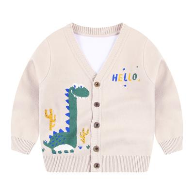 China Anti-Wrinkle OEM Customized V-Neck Pattern Kid Beige Long Sleeve Animal Jacquard Casual Letter Boys Knit Sweater Cardigan for sale