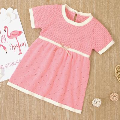 China Factory Spring Crewneck Solid Color Pink Cotton Anti-Shrink Short Sleeve Anti-Shrink 100% Baby Knitted Sweater Dress For Girl for sale