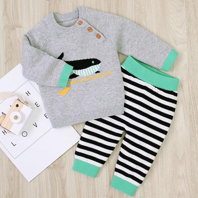 China 2021 Autumn Winter Thick O Neck Anti-Shrink Sweater Long Sleeve 100% Cotton Whale Knit 2 Piece Set Baby's Sweaters With Button Design for sale