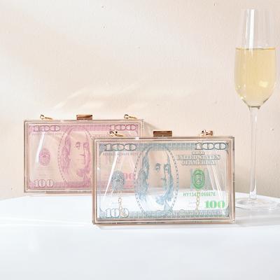 China Clear factory in stock ready to ship fashionable silver dollar ladies design evening transparent clear acrylic clutch bag for sale