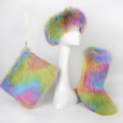 China Fashion Trend Hot Sale Color Four-Piece Set Women Messenger Bag Fur Headgear Wrist and Matching Fur Boots Suit for sale