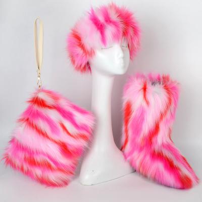 China Fashion Trend Custom Cheap Colorful Warm Winter Snow Boots Women Faux Fur Boots With Purse Headband Set for sale