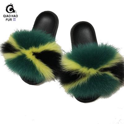 China Damping 100% Real Raccoon Hair Fox Hairy Faux Fur Women Fur Slippers Hot Selling Fox Fur And Hair Fashion Slippers for sale