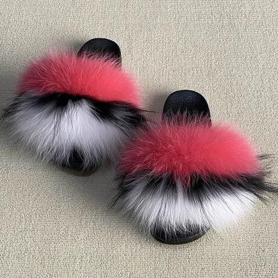 China Cushioning Indoor Logo Eva Sole Racoon Fur Slides Warm Custom Furry Sandal Colorful 100% Fluffy Fox Raccoon Fur Slipper For Women for sale