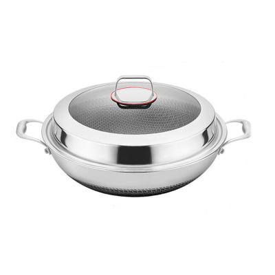 China Hot Selling Viable Wok Pan Tri-Ply Stainless Steel Stir-fry Pans with Cover Dishwasher Safe Chinese Wok with Flat Bottom for sale